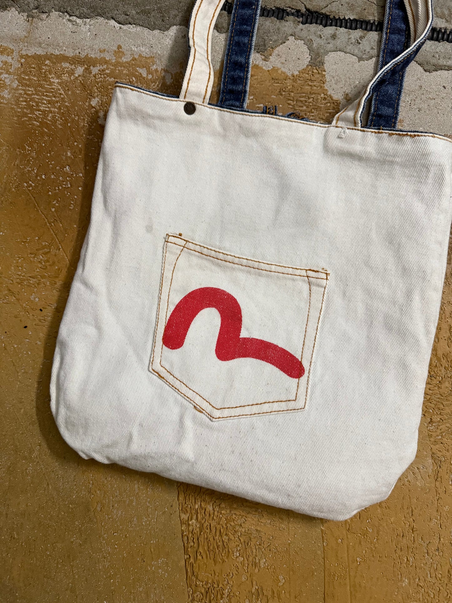 Evisu reversible denim tote bag