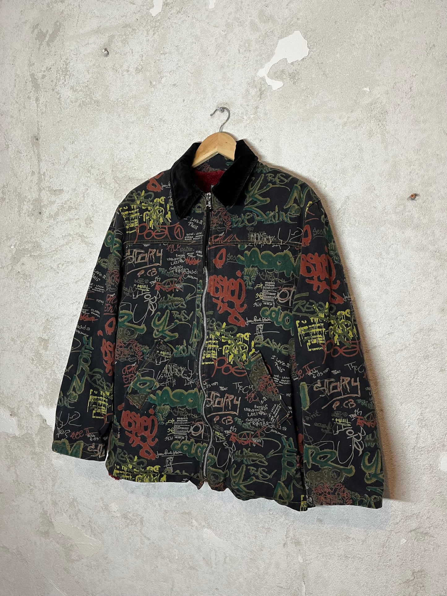 Jean Paul Gaultier denim graffiti print jacket faux fur lining - M