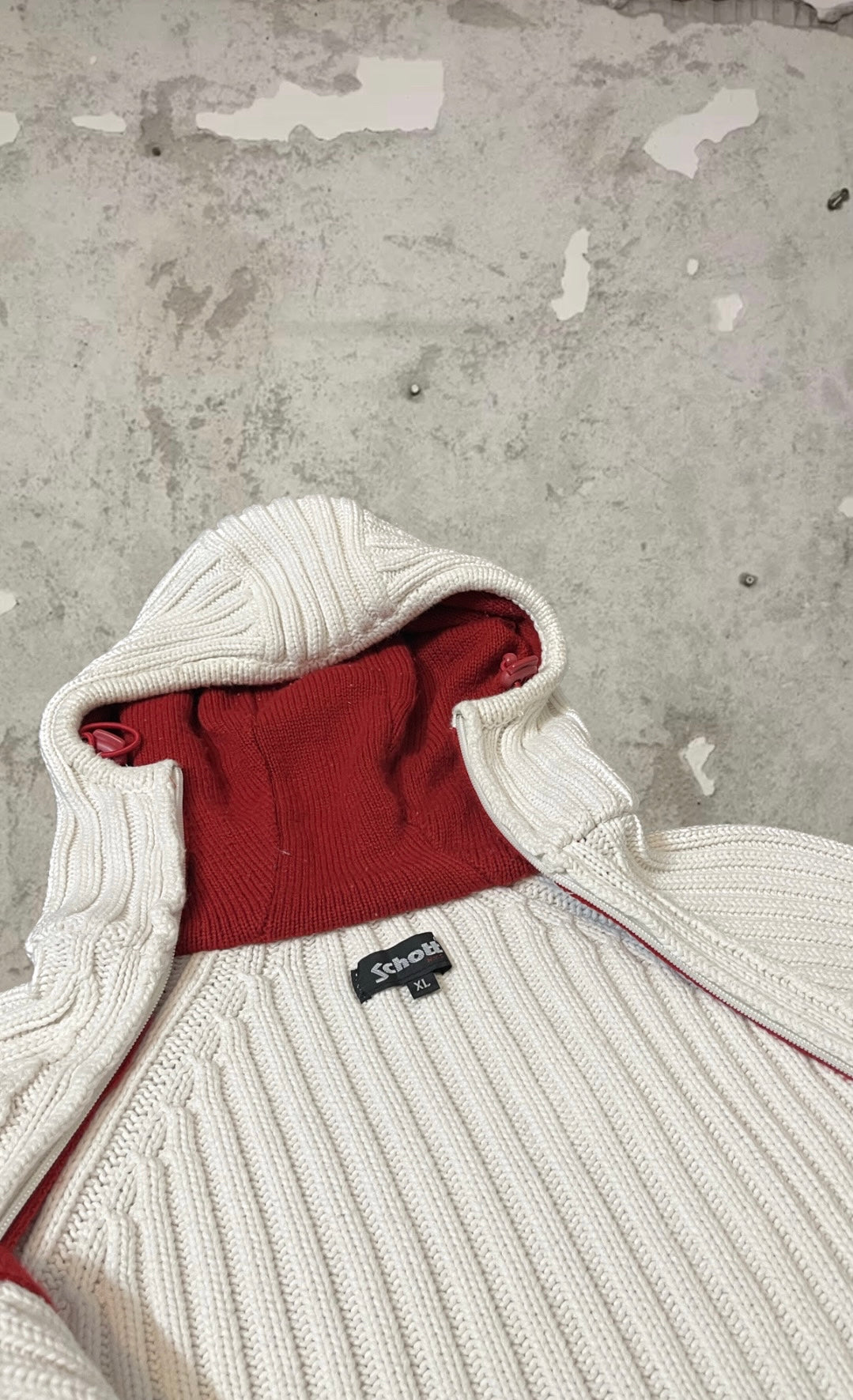 Schott 2000s gorpcore knitwear hooded sweater assymetrical zip ribbed - XL