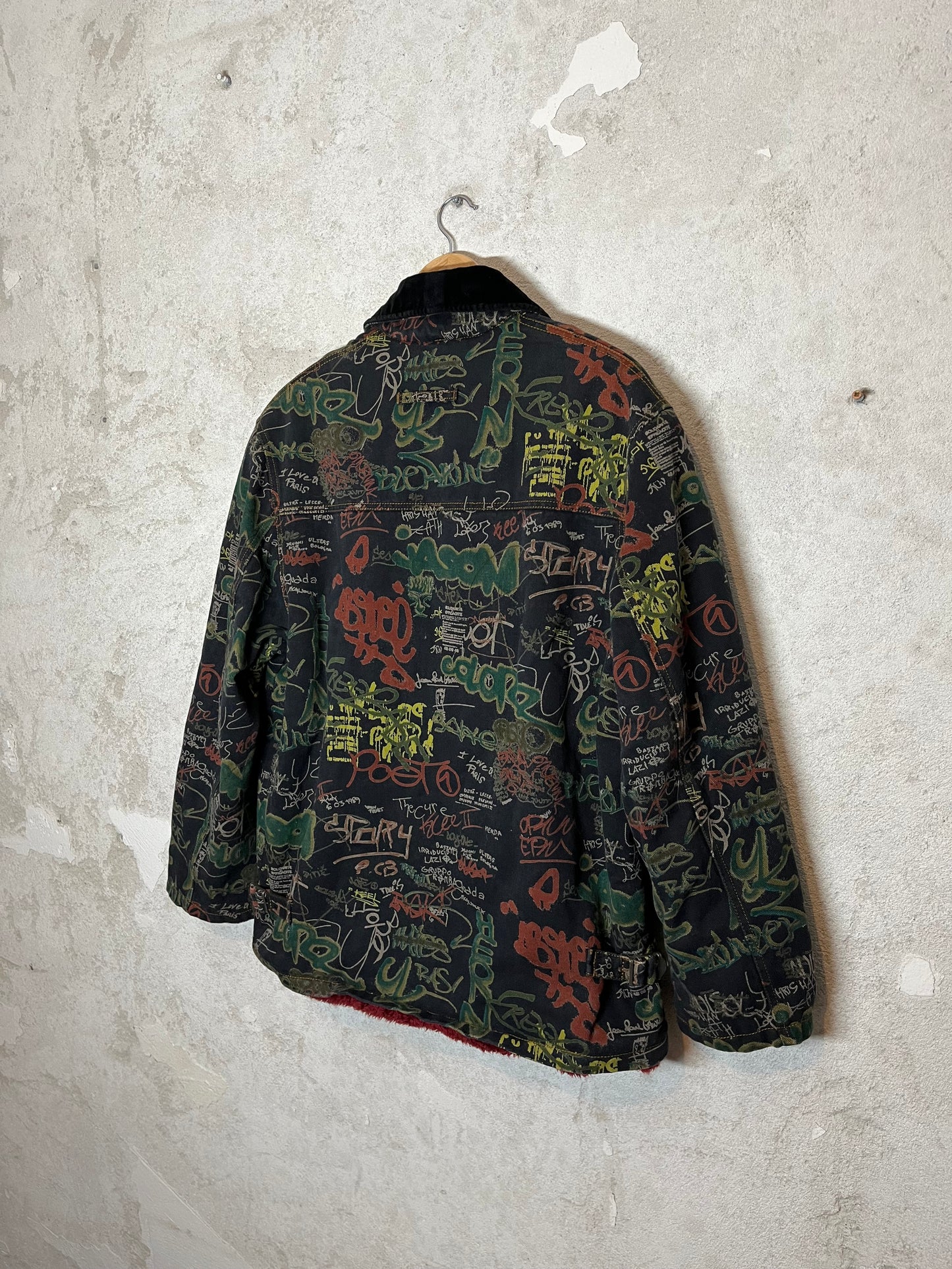 Jean Paul Gaultier denim graffiti print jacket faux fur lining - M