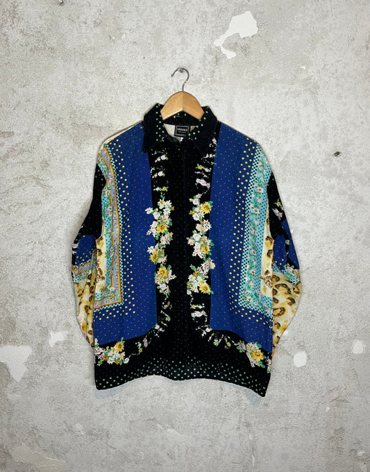 Vintage 90s Versace corduroy overshirt cats & floral - M