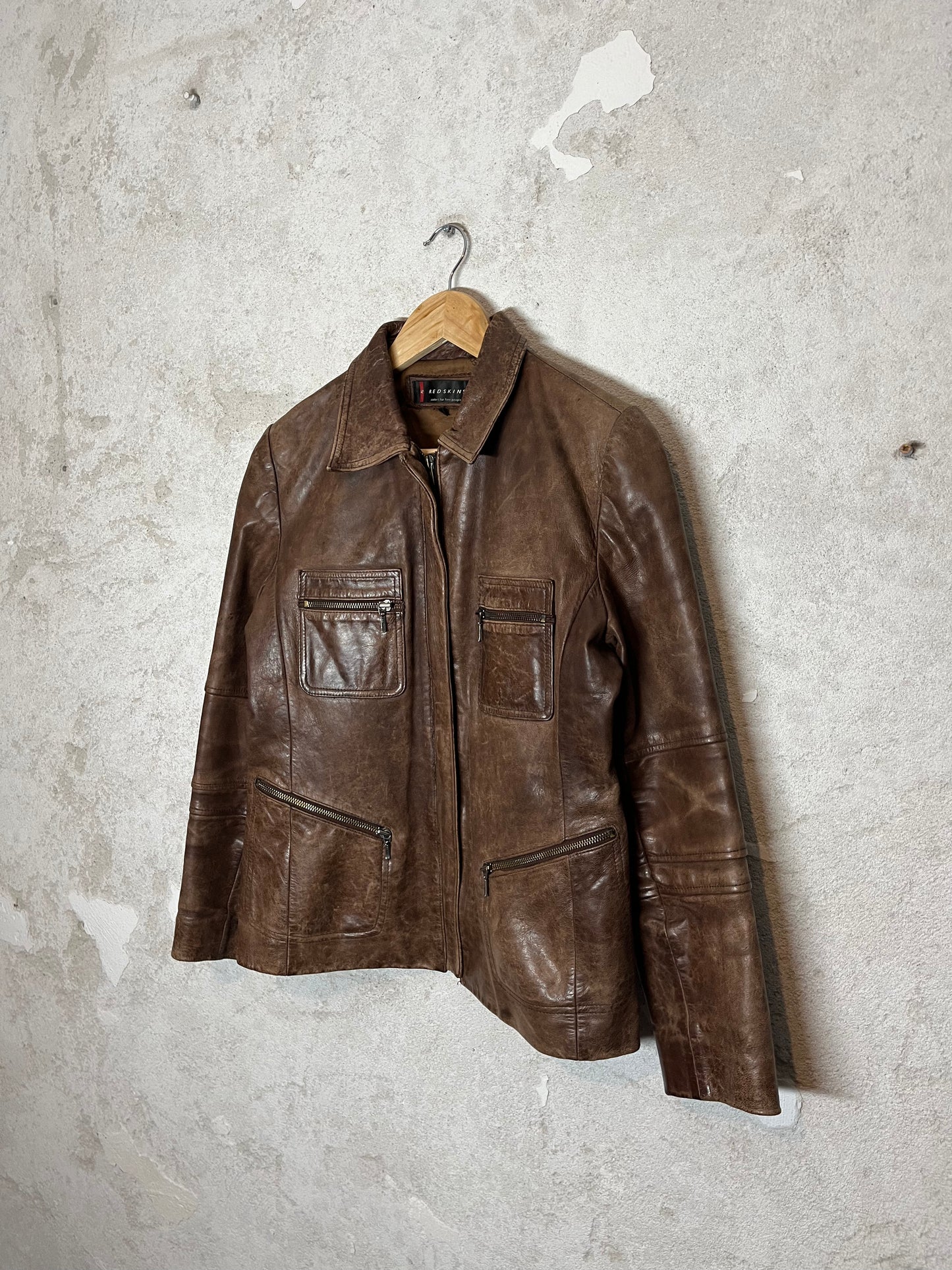 Red Skins vintage brown leather motor jacket - M