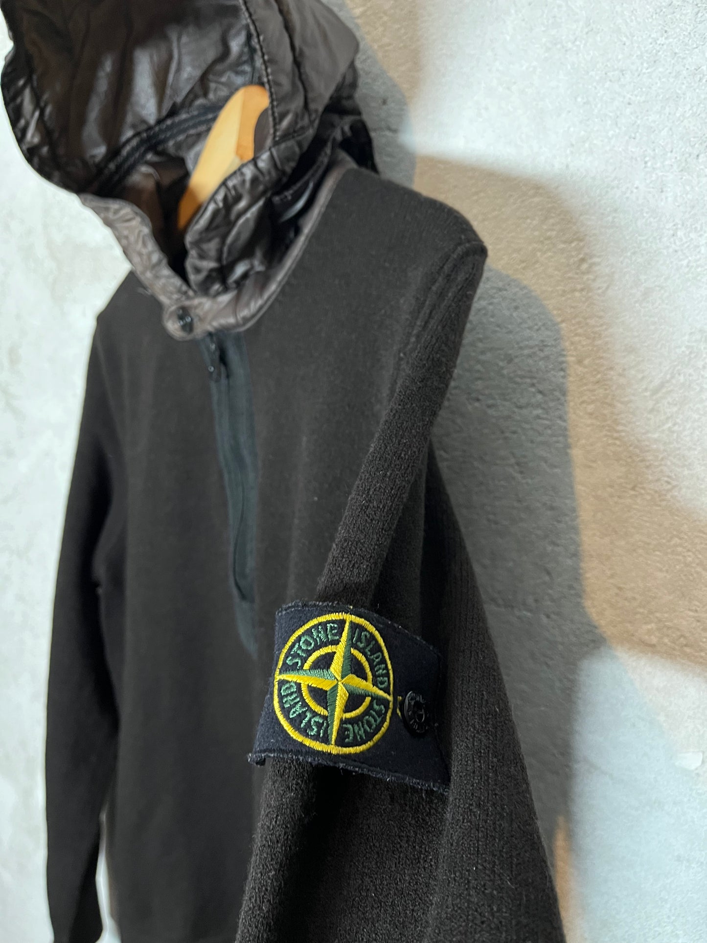 Stone Island wool sweater with puffer hood - M