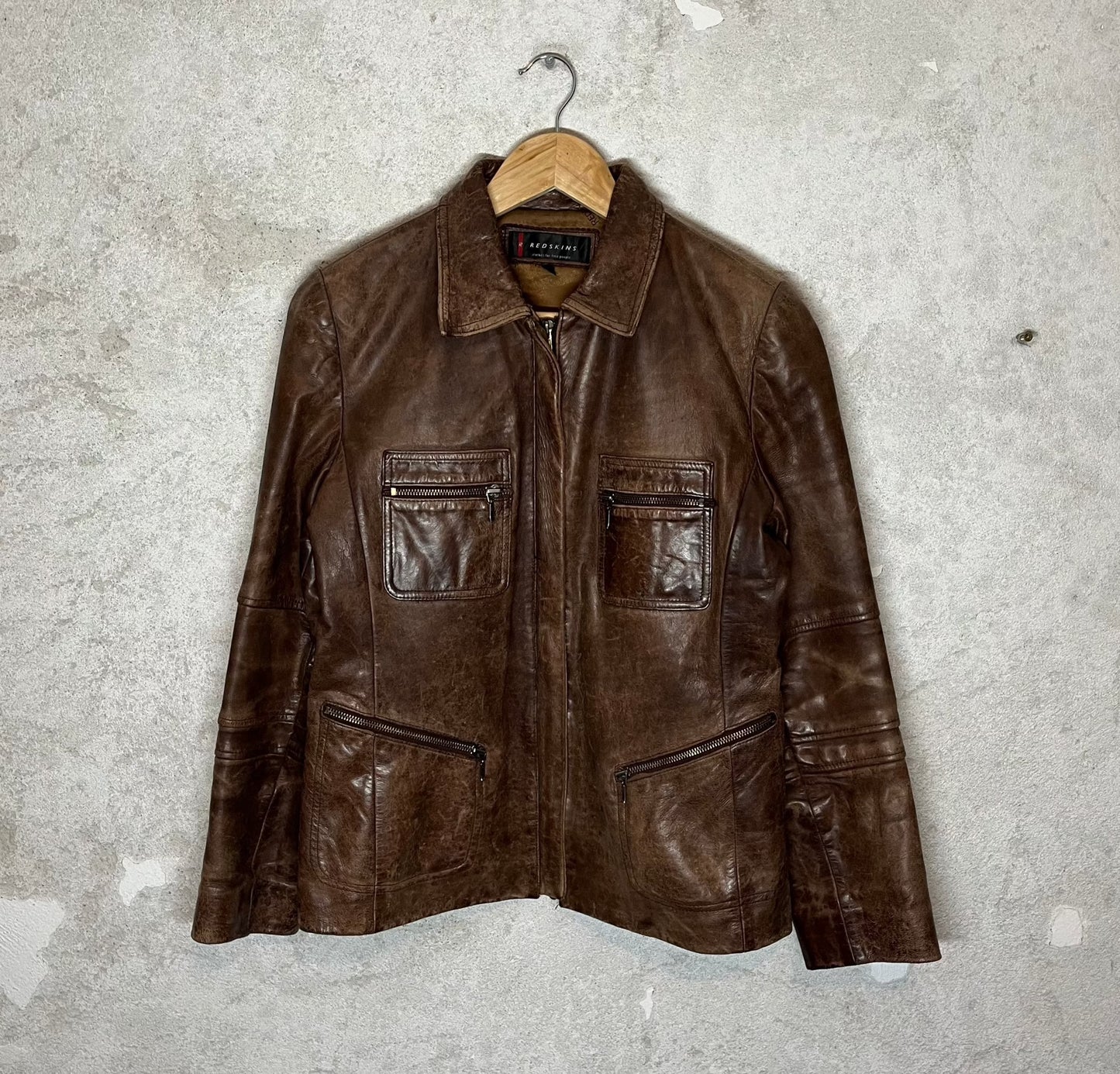 Red Skins vintage brown leather motor jacket - M