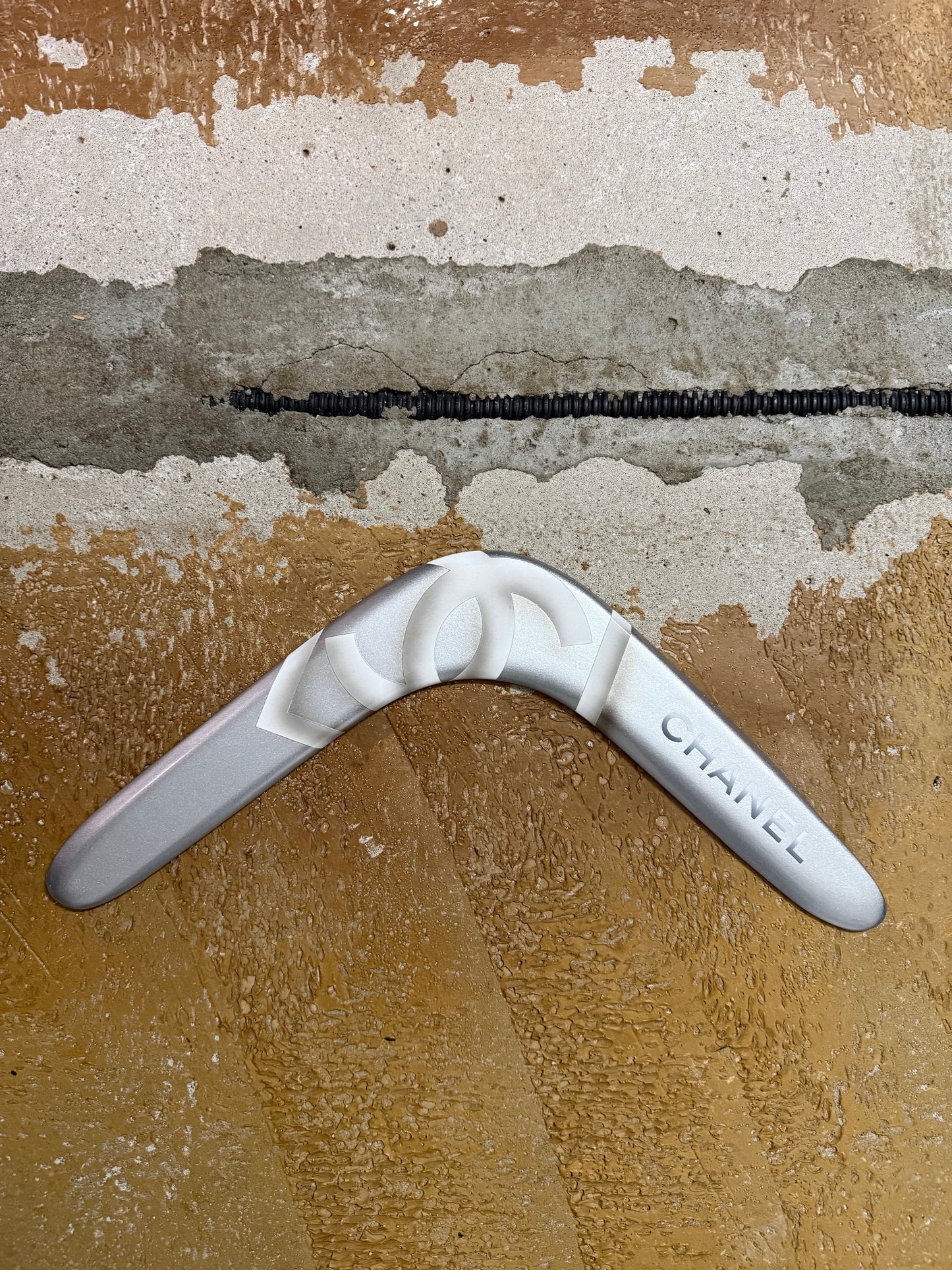 Chanel silver grey printed sports decor boomerang
