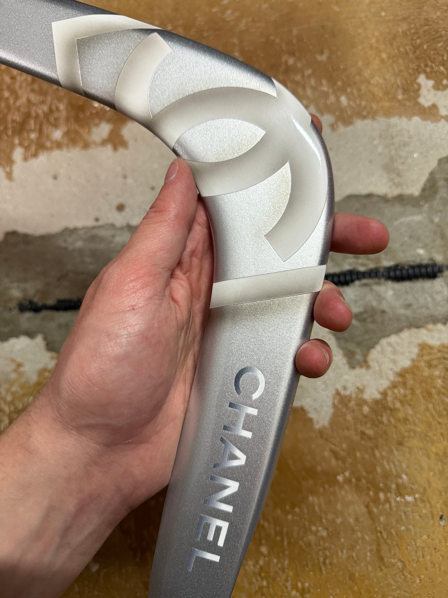 Chanel silver grey printed sports decor boomerang
