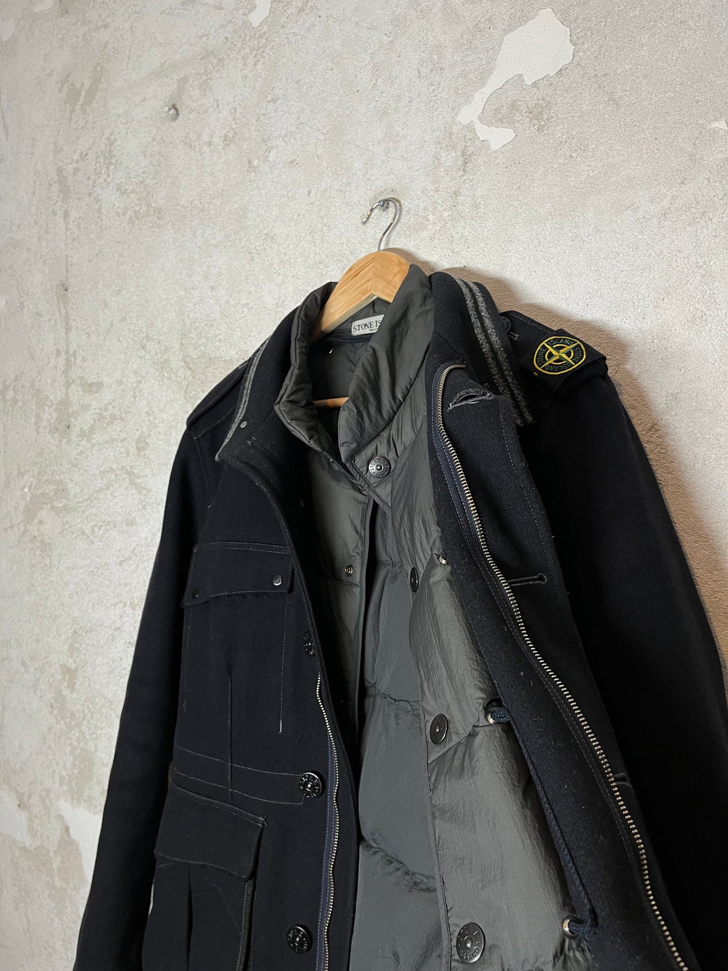 Stone Island vintage 2-in-1 detachable lining down wool trenchcoat jacket - L