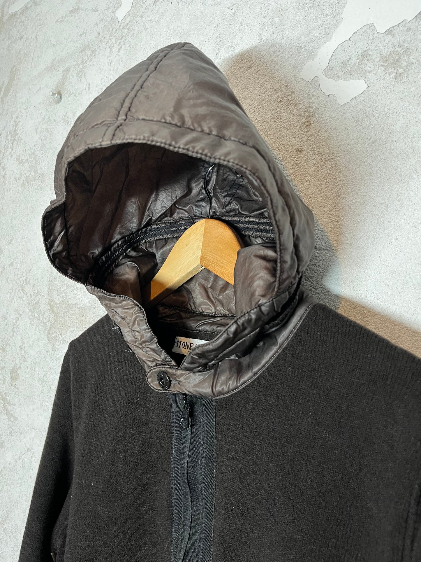 Stone Island wool sweater with puffer hood - M