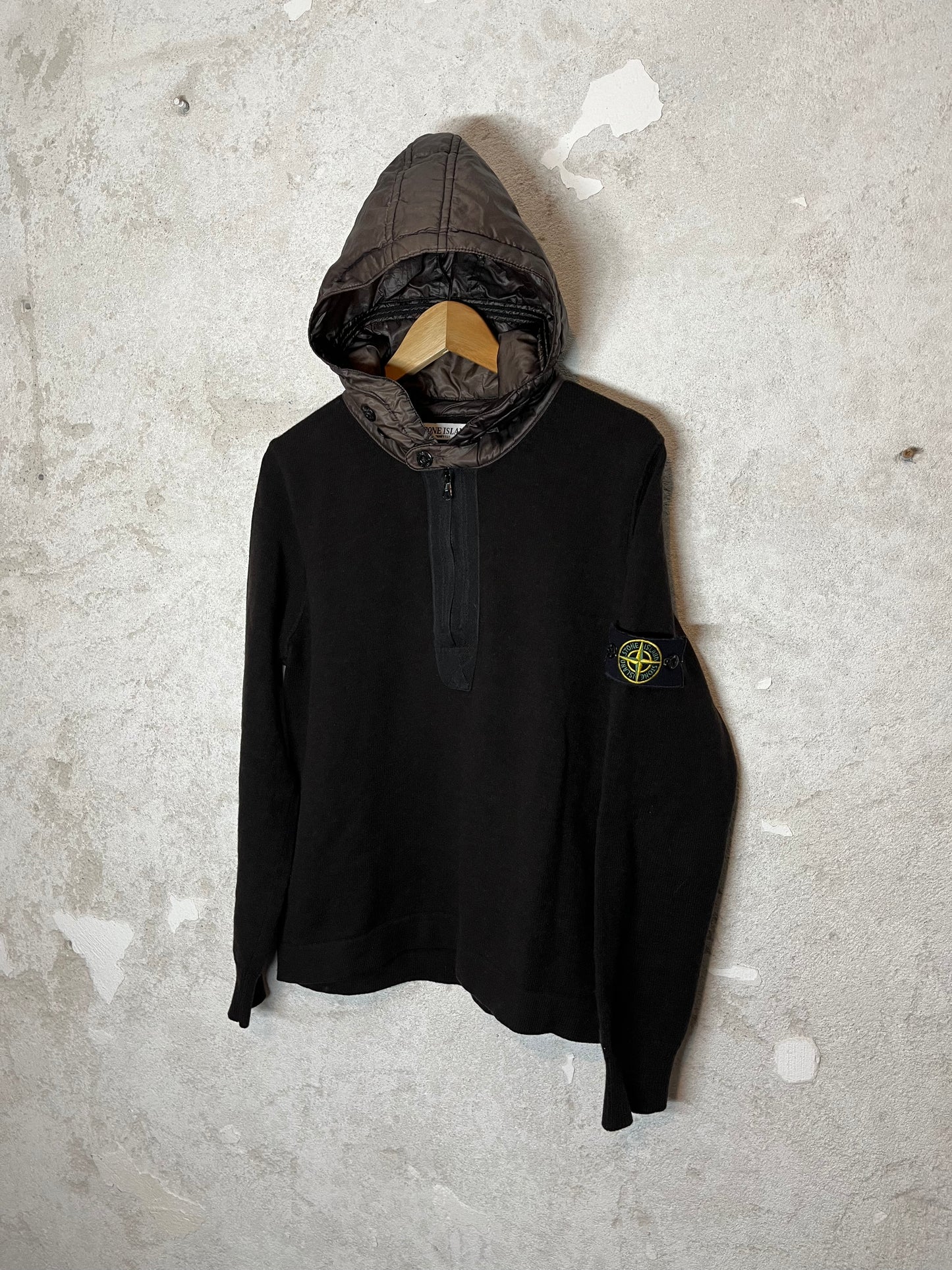 Stone Island wool sweater with puffer hood - M