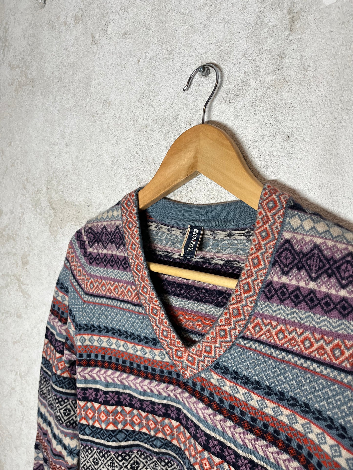 Jean Paul Gaultier wool aztec V neck knit sweater - S