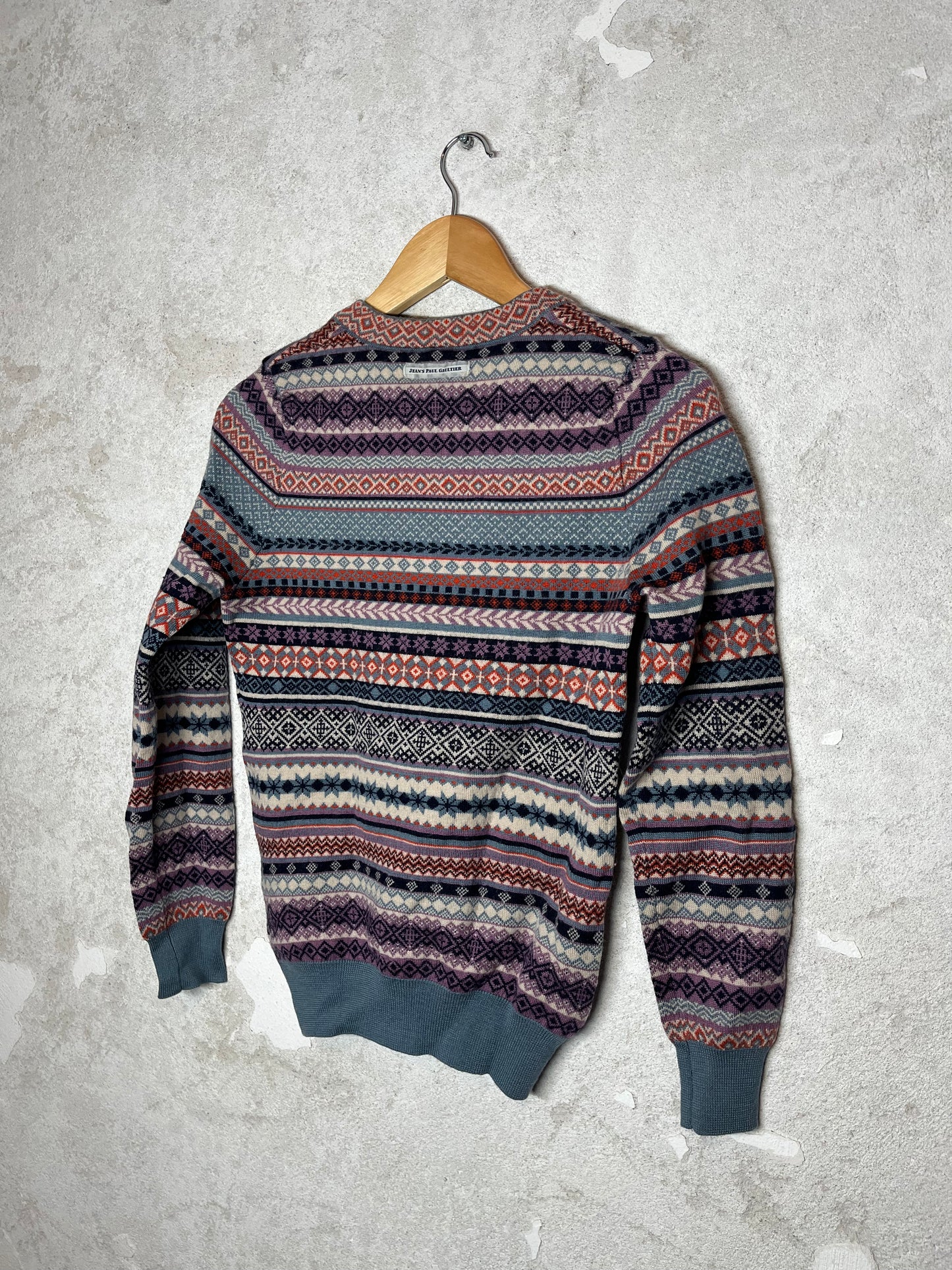 Jean Paul Gaultier wool aztec V neck knit sweater - S