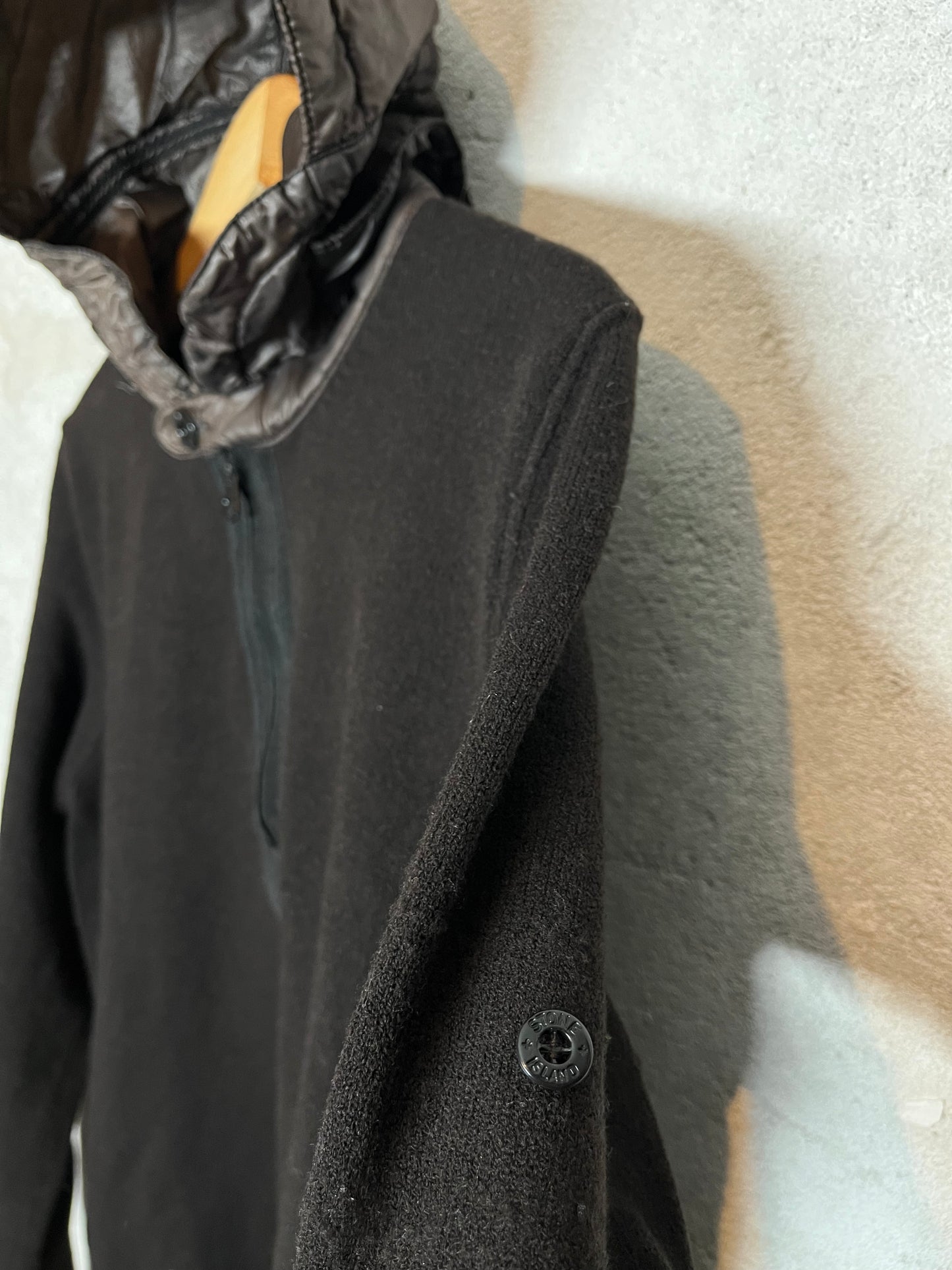 Stone Island wool sweater with puffer hood - M