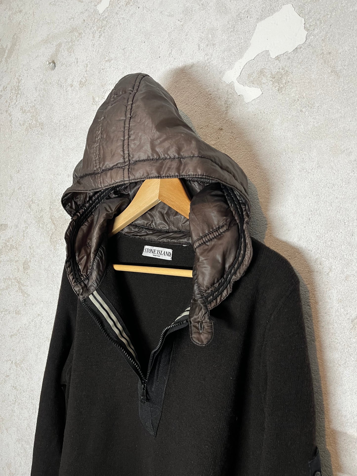 Stone Island wool sweater with puffer hood - M