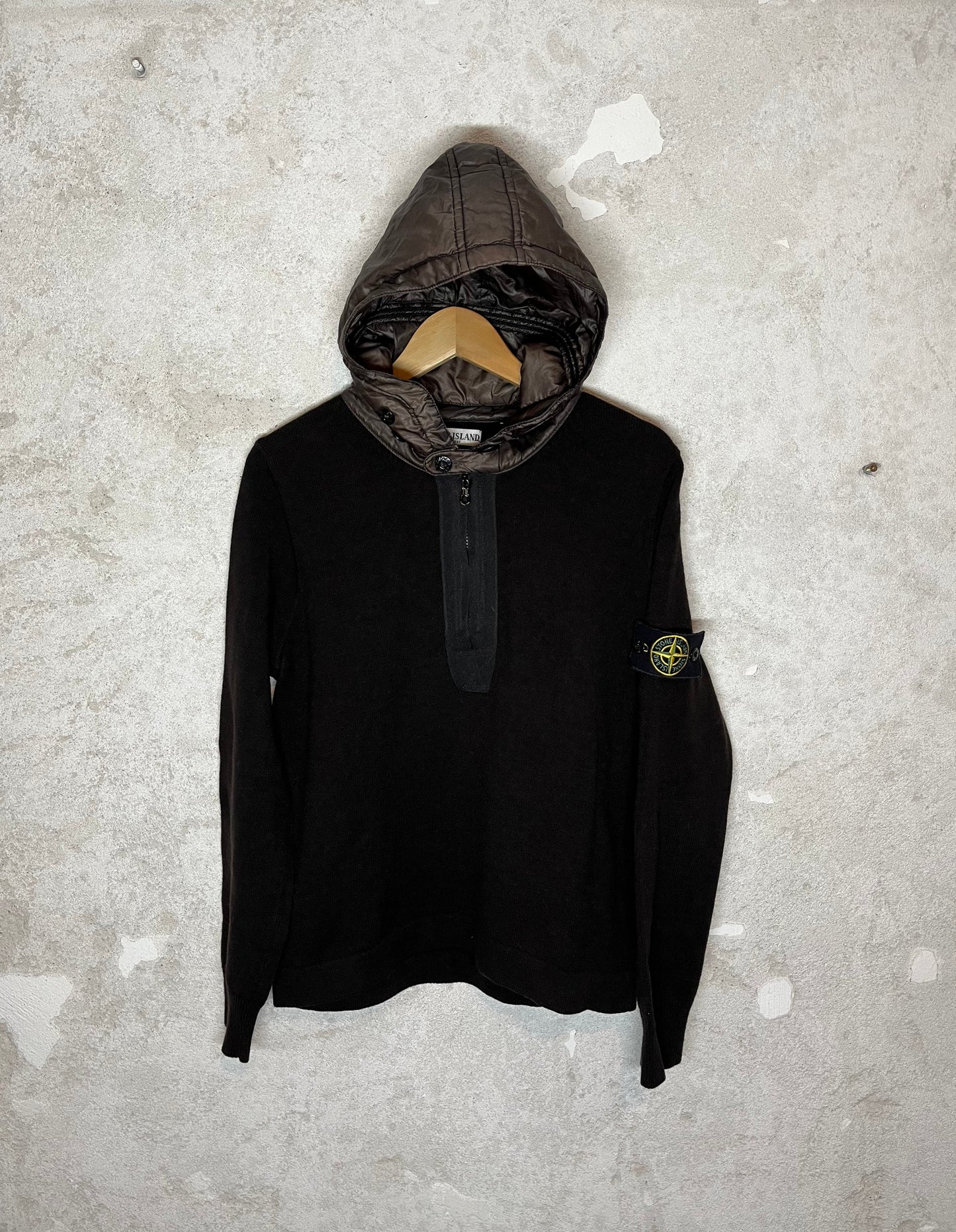 Stone Island wool sweater with puffer hood - M