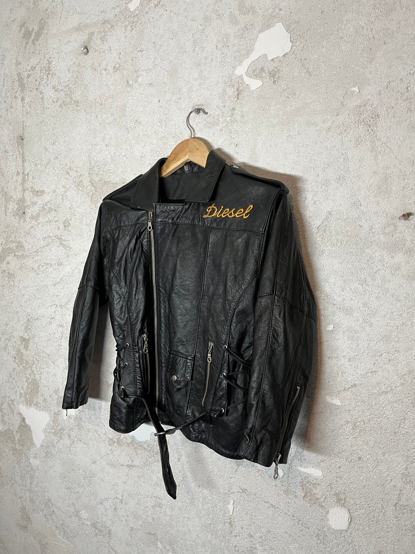 Diesel vintage 90s retro embroidered leather motor jacket - S/M