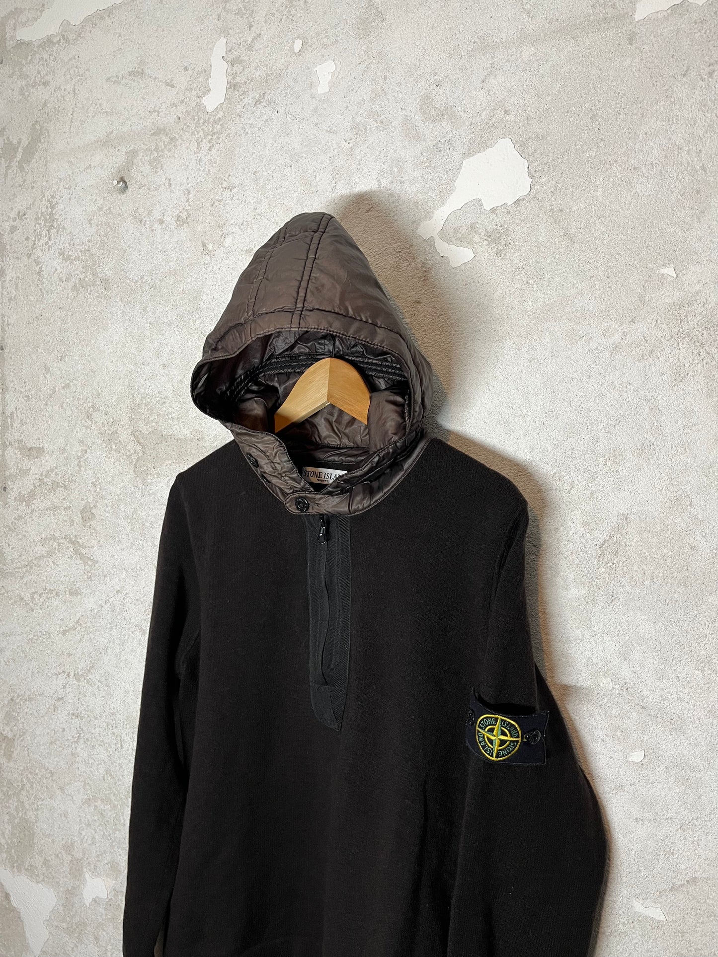 Stone Island wool sweater with puffer hood - M